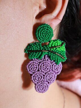 Artisan Handmade Green Purple Grape Design Summer Jewelry Multi Tone Earring